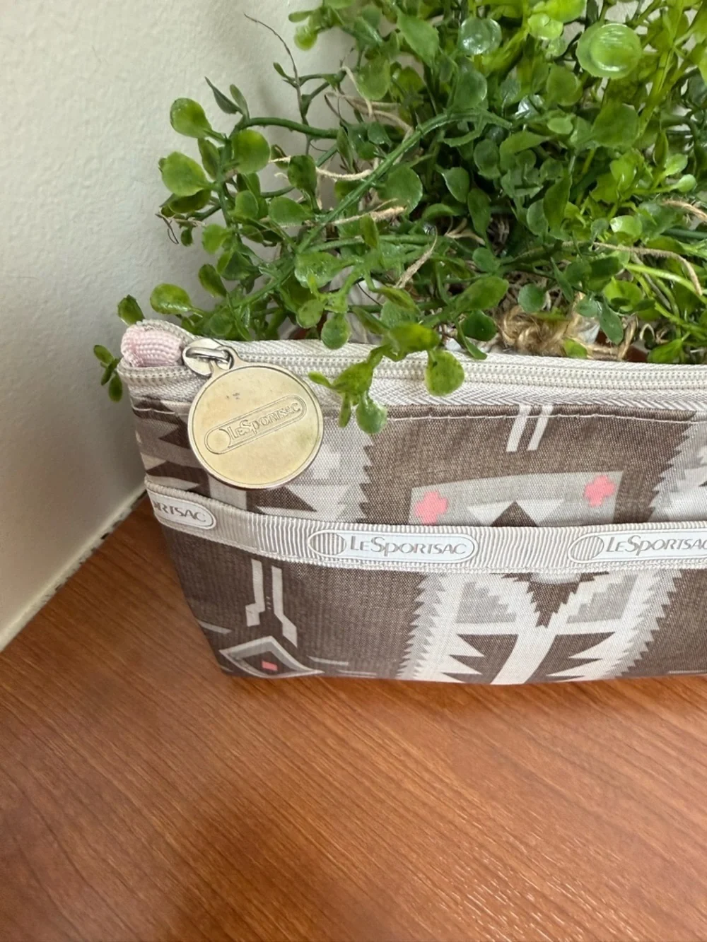 LeSportsac Gray Southwestern Print Wristlet with Pink Accents